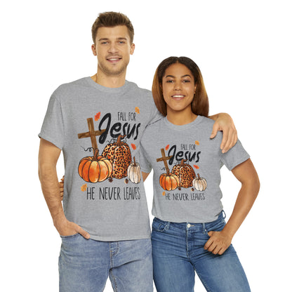 Fall For Jesus He Never Leaves Christian Halloween Short Sleeve Tee