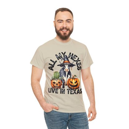 All My Hexes Live In Texas Cow With Pumpkins Halloween Short Sleeve Tee