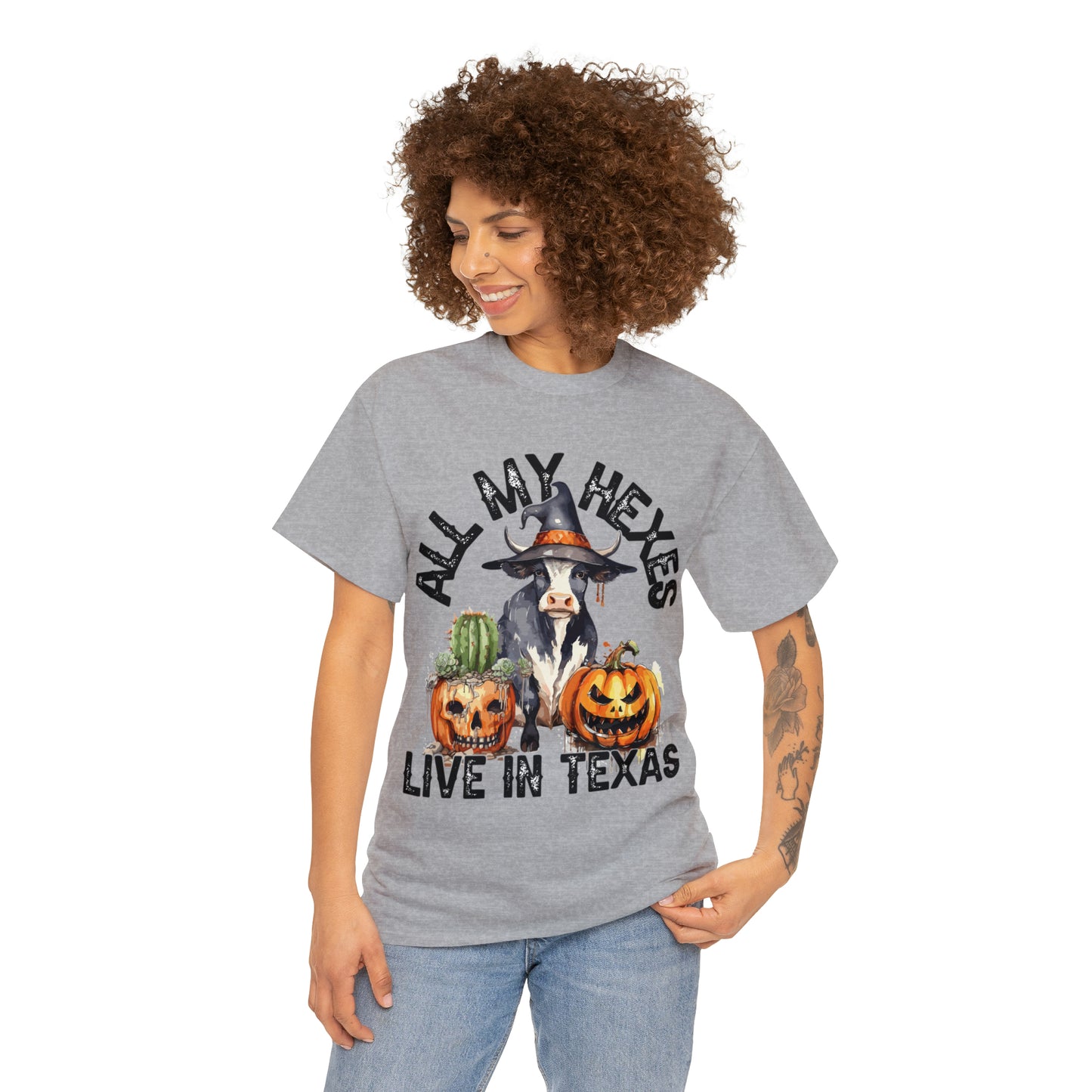 All My Hexes Live In Texas Cow With Pumpkins Halloween Short Sleeve Tee