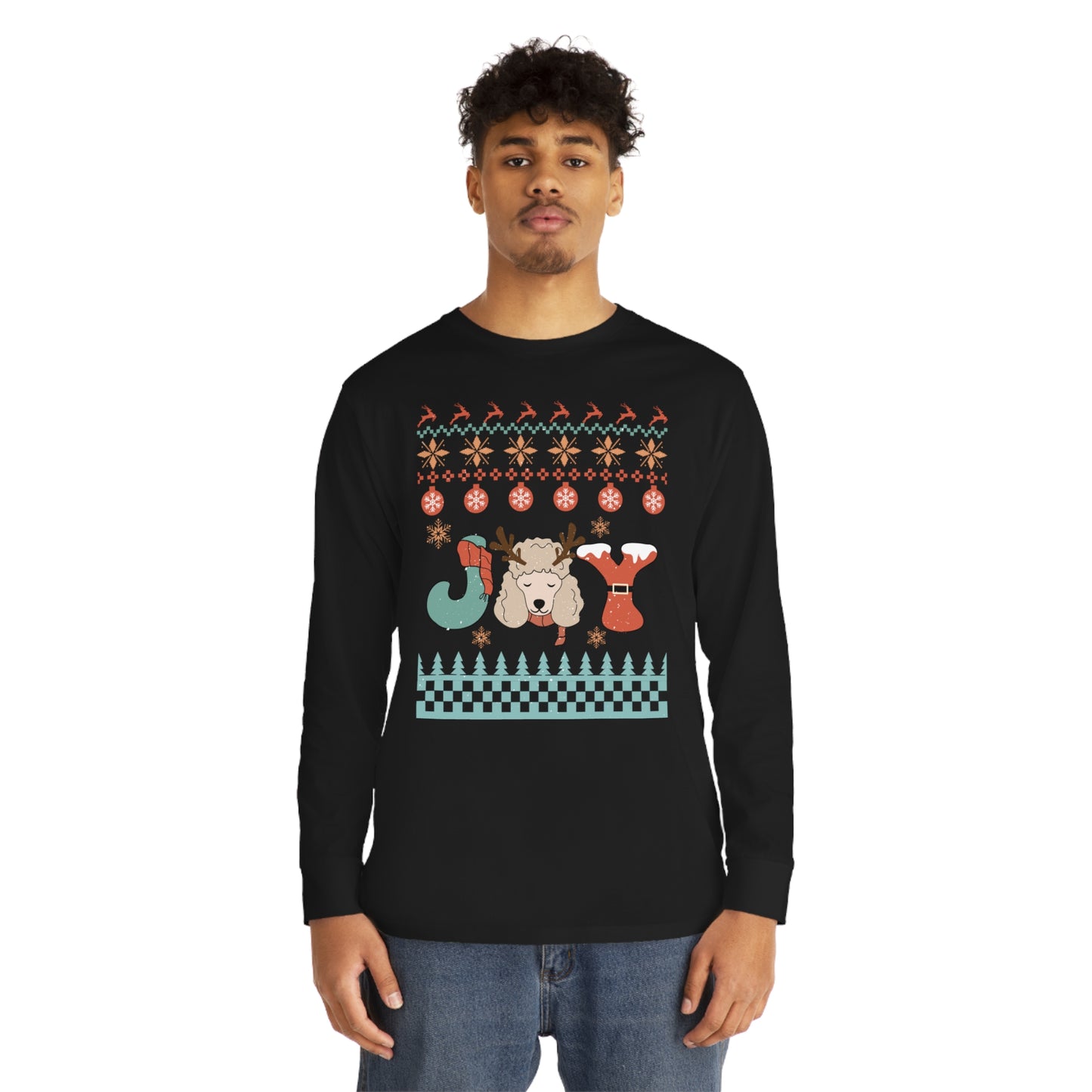 Joy Miniature Poodle Dog Christmas Ugly Sweater Long Sleeve Tee