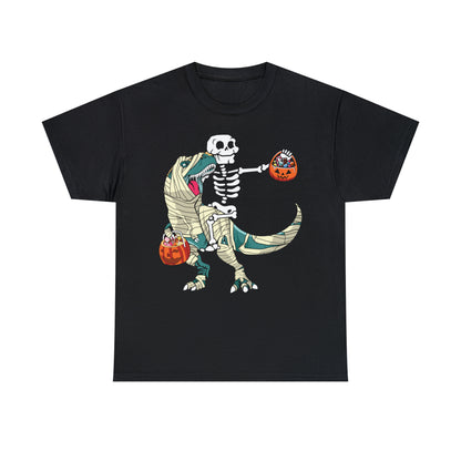 Skeleton Riding Mummy Dinosaur Halloween Short Sleeve Tee