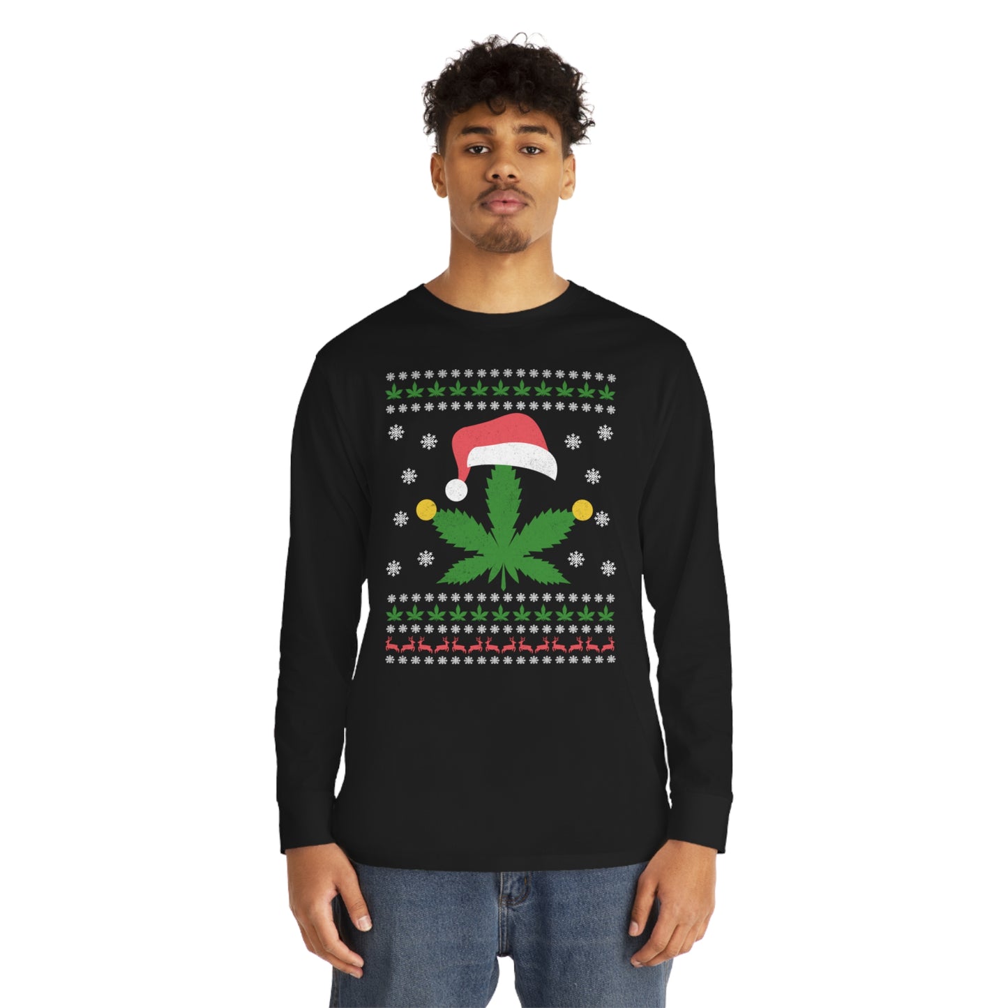 Cannabis Leaf in Santa Hat Christmas Ugly Sweater Long Sleeve T-shirt