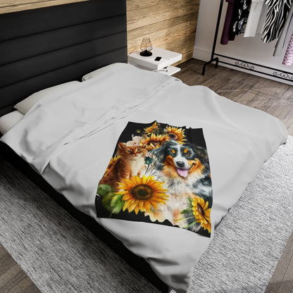 Watercolor Dog and Cat with Sunflowers Blanket