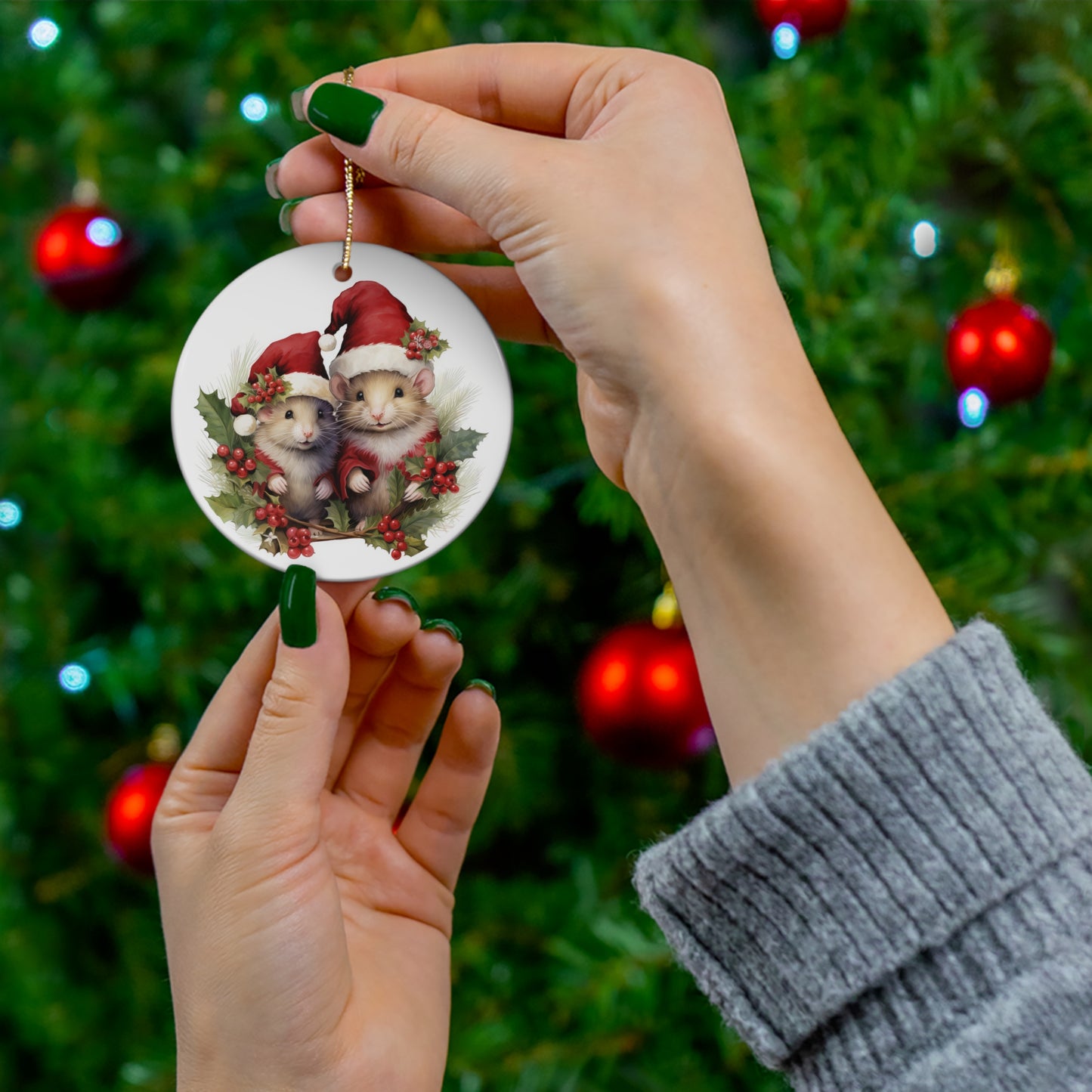 Two Mice in Santa Outfits Christmas Ceramic Ornament