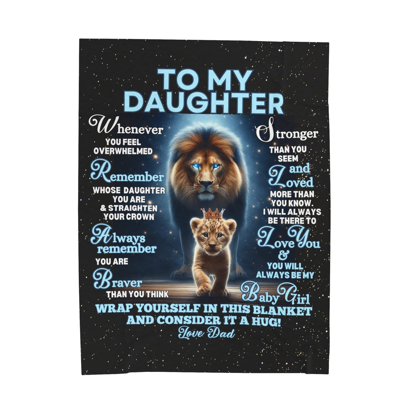 Lion and Cub Velveteen Plush Blanket for Daughter with Crown and Heartwarming Message from Dad