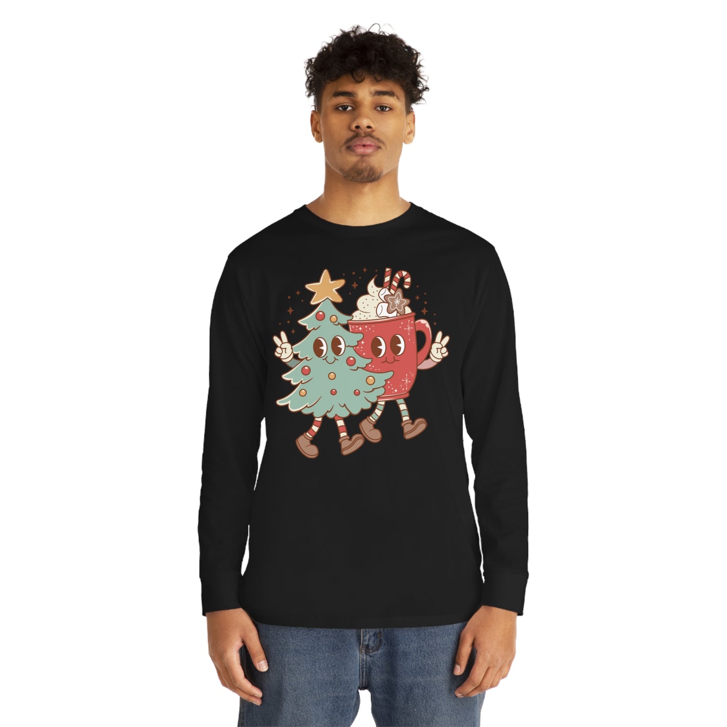 Retro Christmas Tree and Hot Cocoa Christmas Long Sleeve Tee