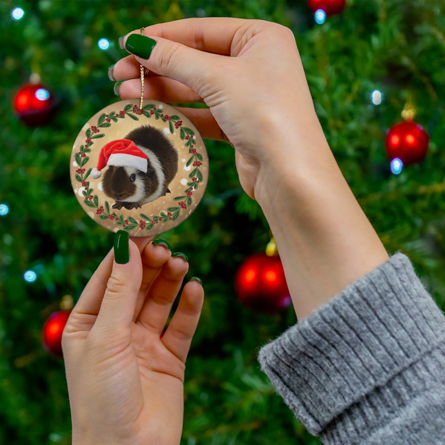 American Short Haired Guinea Pig in Santa Hat Christmas Ceramic Ornament