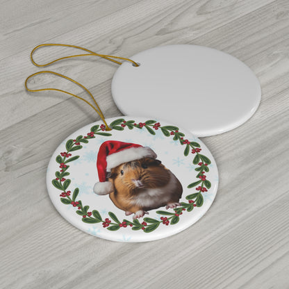 American Guinea Pig in Santa Hat Tri Color Christmas Ceramic Ornament