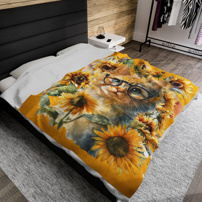 Watercolor Yellow Sunflowers with Cat in Glasses Blanket