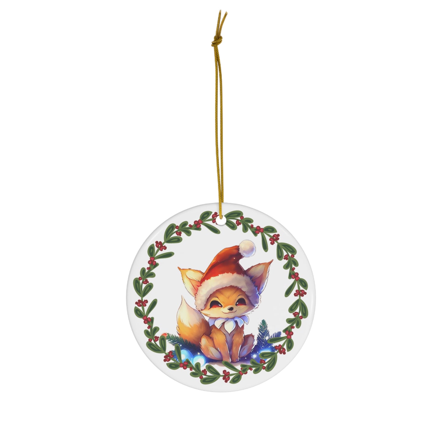 Fox in Santa Hat Christmas Ceramic Ornament