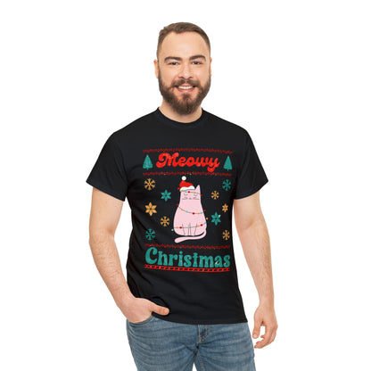 Meowy Christmas Cat In Lights Ugly Sweater Short Sleeve Tee
