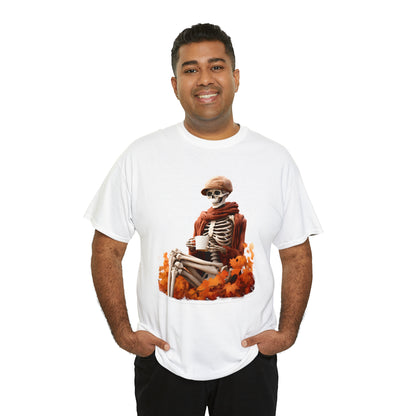 Skeleton in Fedora Sitting With Fall Leaves Halloween Short Sleeve Tee