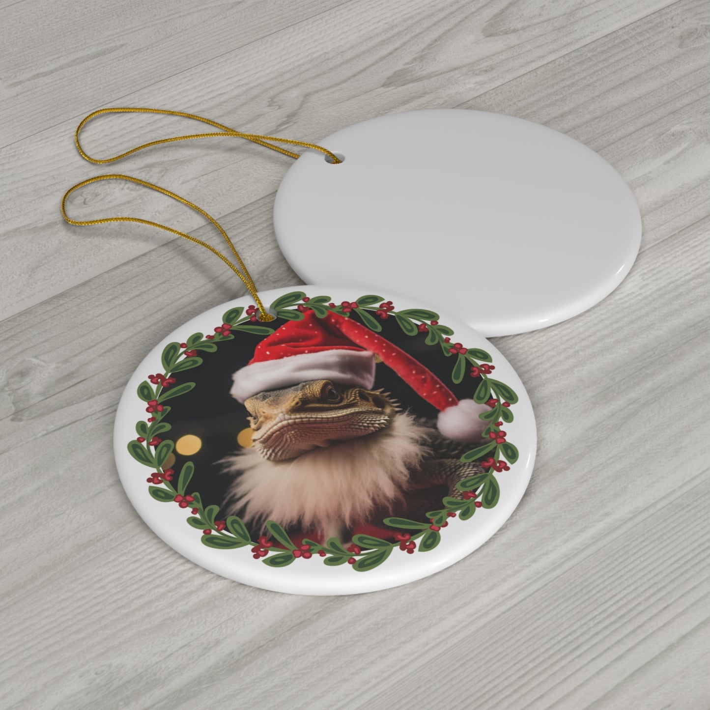 Bearded Dragon in Santa Hat and Beard Christmas Ceramic Ornament