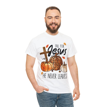 Fall For Jesus He Never Leaves Christian Halloween Short Sleeve Tee