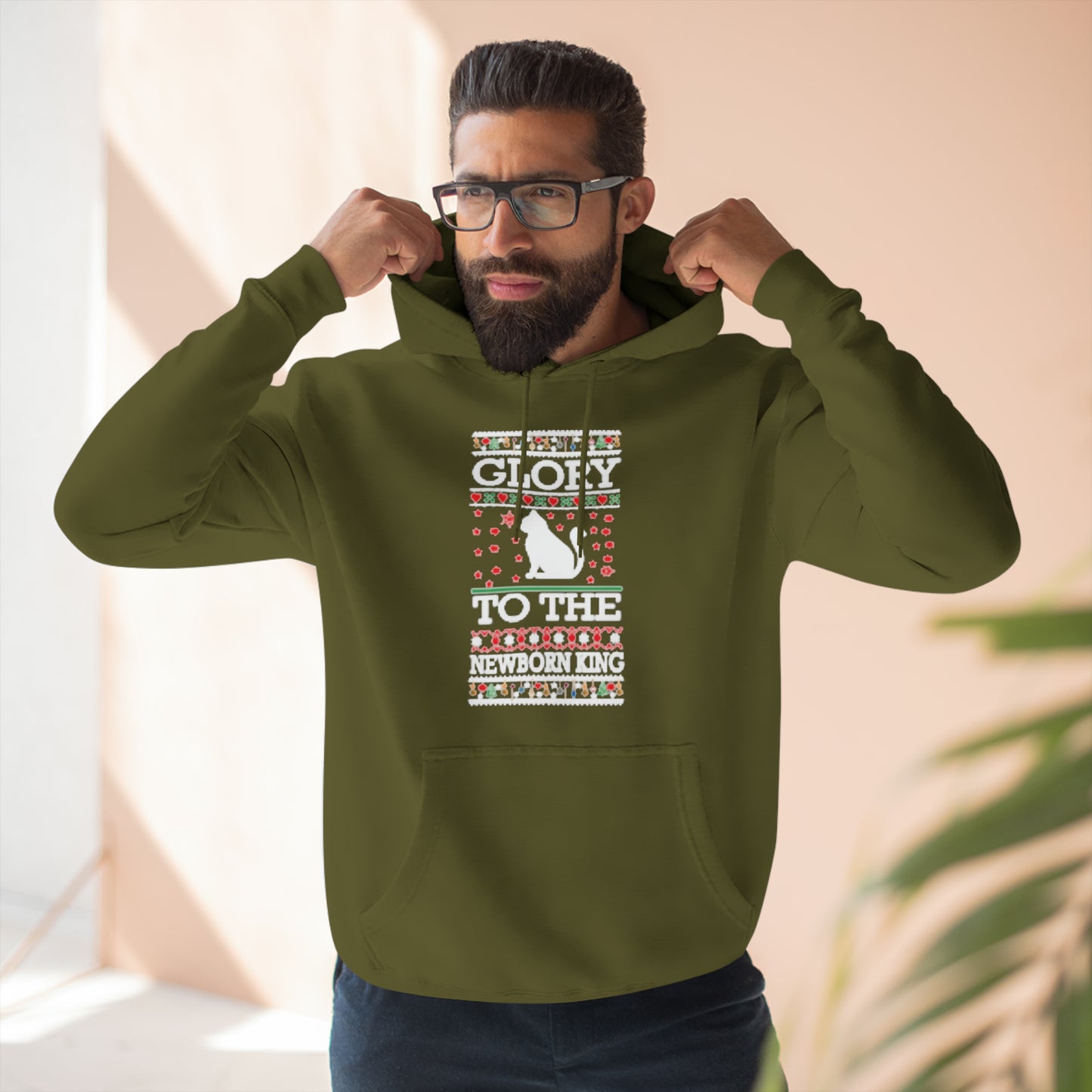 Glory to the Newborn King Cat Christmas Ugly Sweater Pullover Hoodie