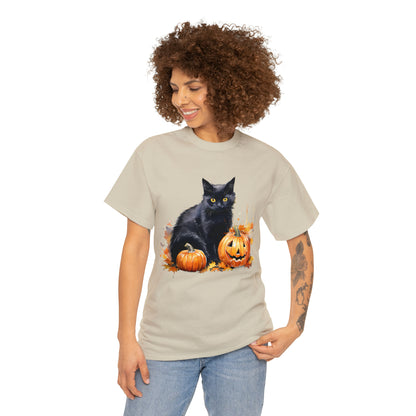 Black Cat with Pumpkin Halloween Short Sleeve Tee