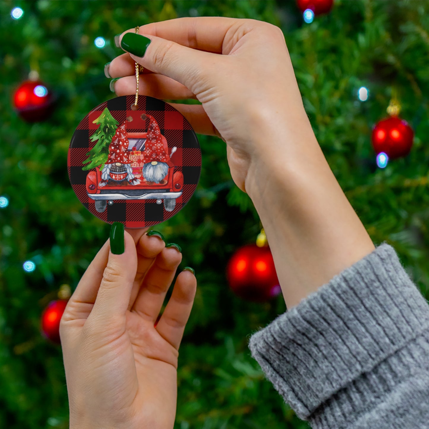 Mr & Mrs Gnome on Truck Christmas Ceramic Ornament