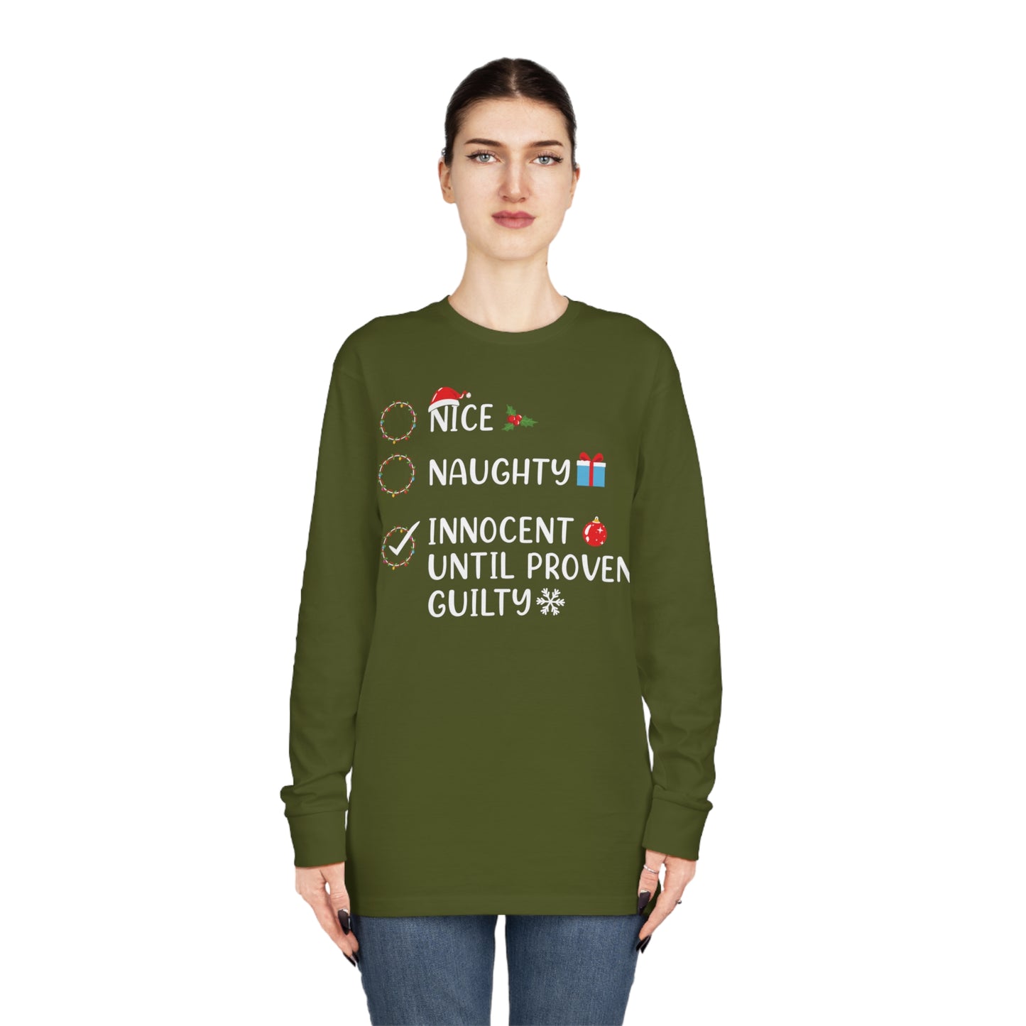 Naughty List Innocent Until Proven Guilty Christmas Long Sleeve Tee