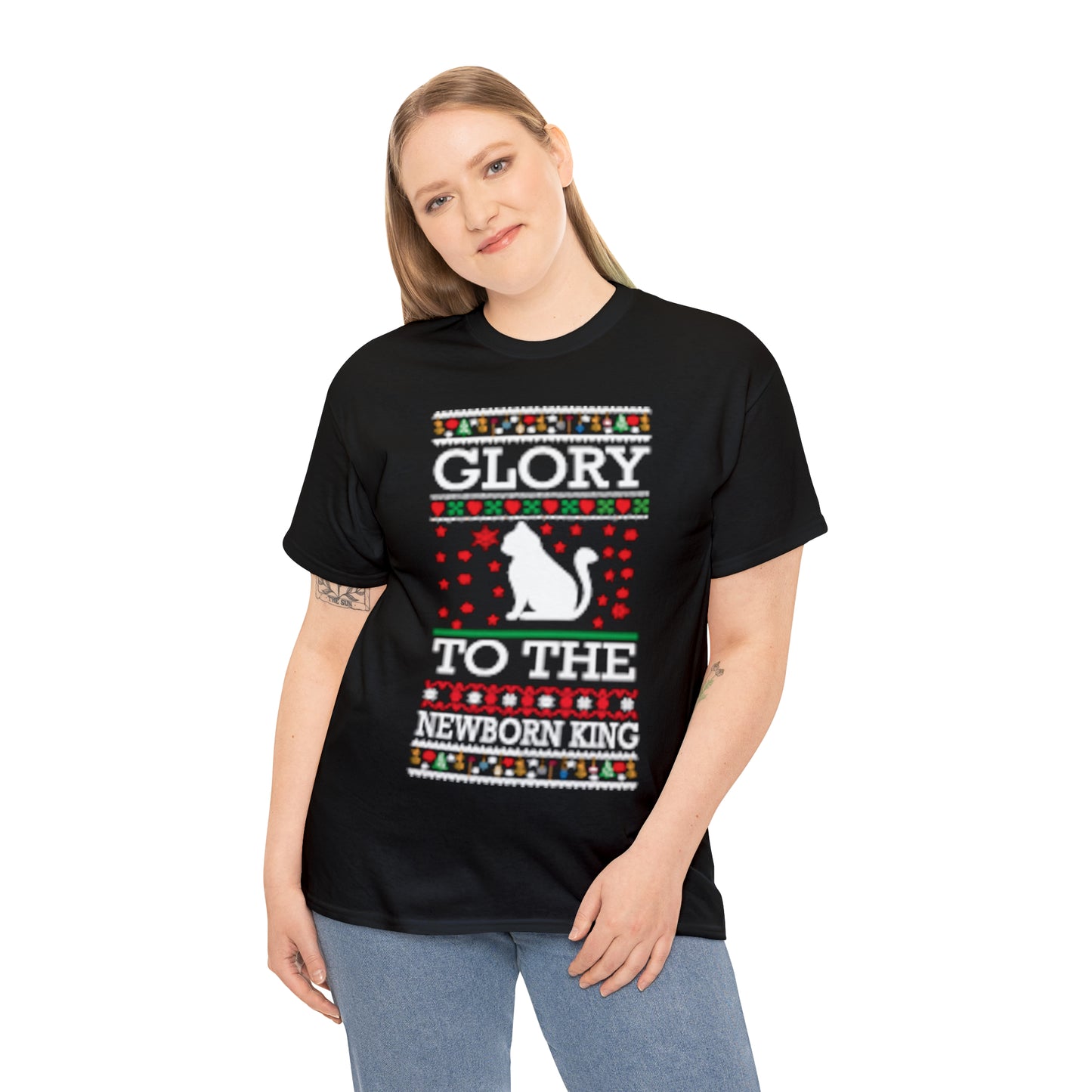 Glory to the Newborn King Cat Christmas Ugly Sweater Short Sleeve Tee