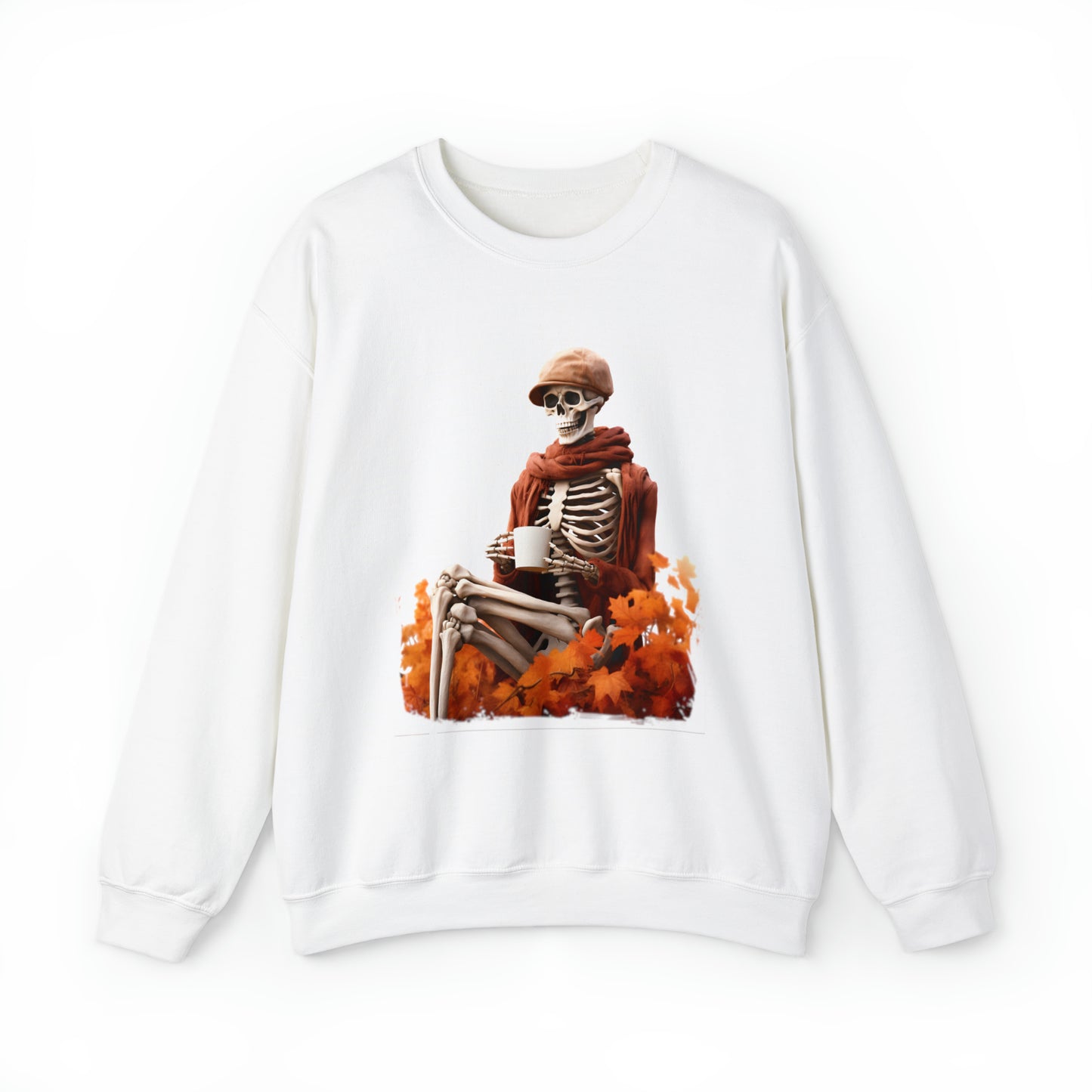 Skeleton in Fedora Sitting With Fall Leaves Halloween Sweatshirt