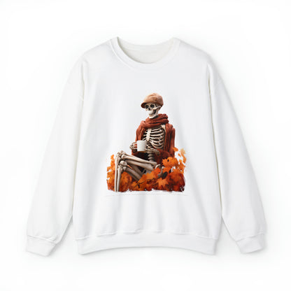 Skeleton in Fedora Sitting With Fall Leaves Halloween Sweatshirt