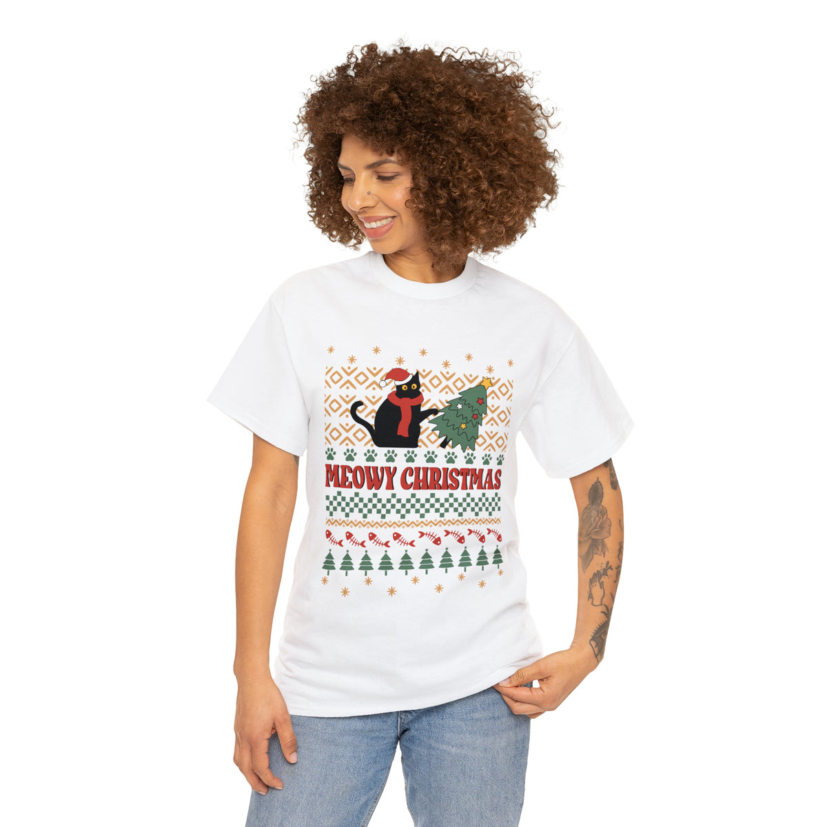Meowy Christmas Cat Tipping Over Tree Ugly Sweater Short Sleeve Tee