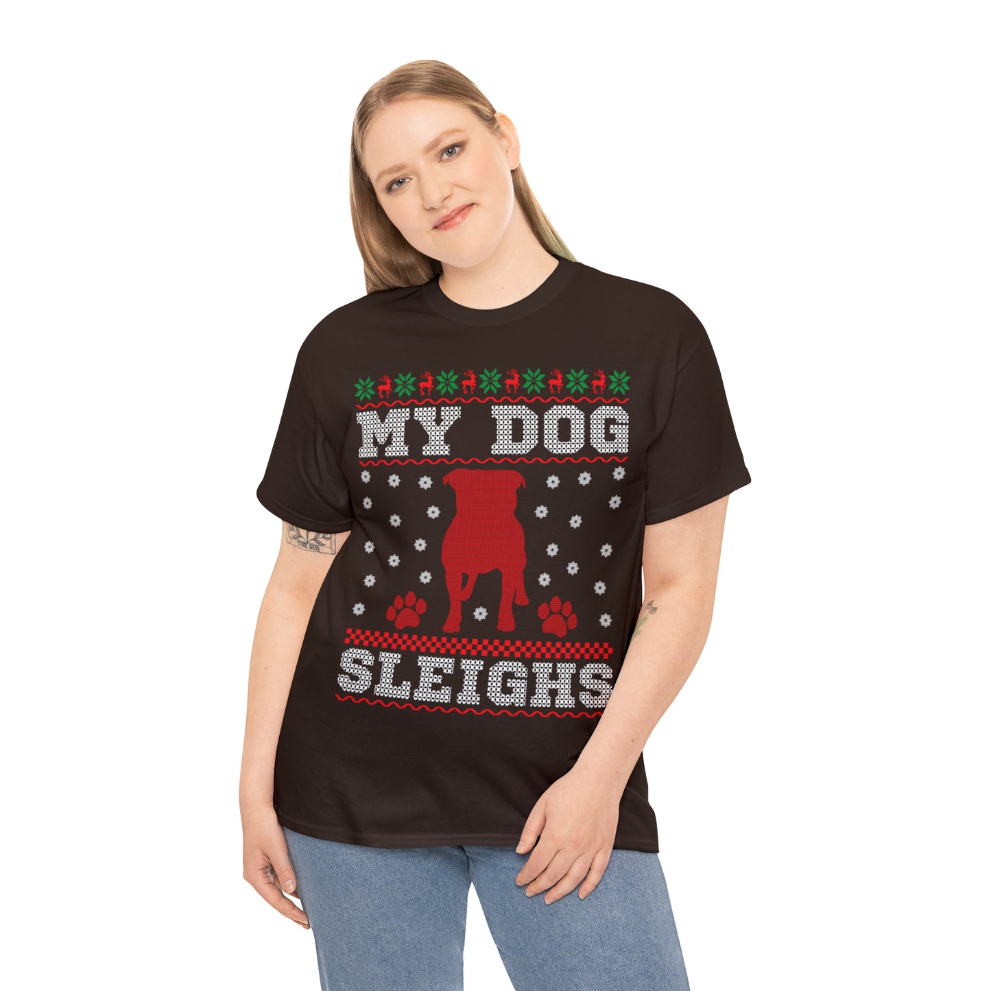 My Dog Sleighs Christmas Ugly Sweater Short Sleeve Tee