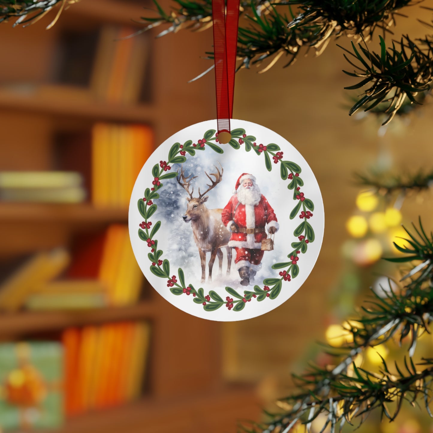 Santa With Reindeer in Snow Design 2 Christmas Ornament