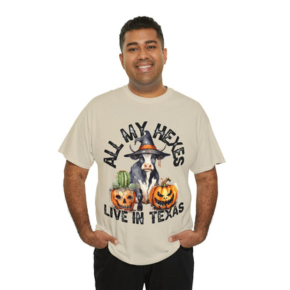 All My Hexes Live In Texas Cow With Pumpkins Halloween Short Sleeve Tee