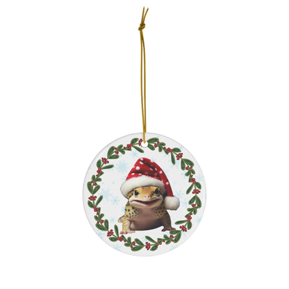 Leopard Gecko in Santa Hat Christmas Ceramic Ornament