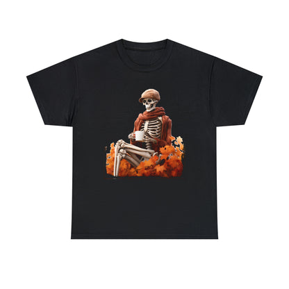 Skeleton in Fedora Sitting With Fall Leaves Halloween Short Sleeve Tee