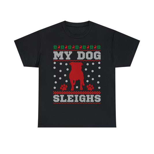 My Dog Sleighs Christmas Ugly Sweater Short Sleeve Tee