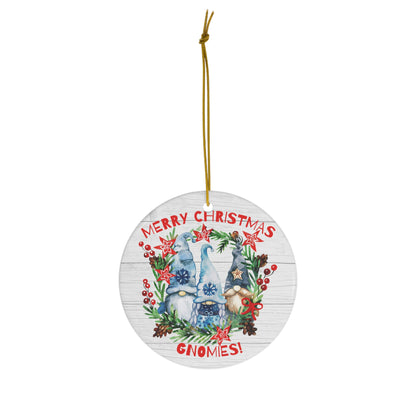 Merry Christmas Gnomies in Blue Christmas Ceramic Ornament