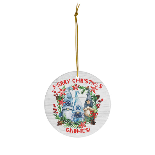 Merry Christmas Gnomies in Blue Christmas Ceramic Ornament