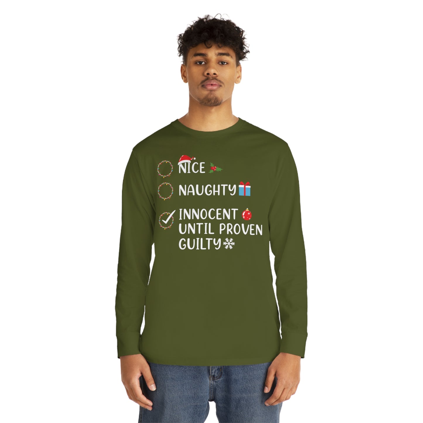 Naughty List Innocent Until Proven Guilty Christmas Long Sleeve Tee