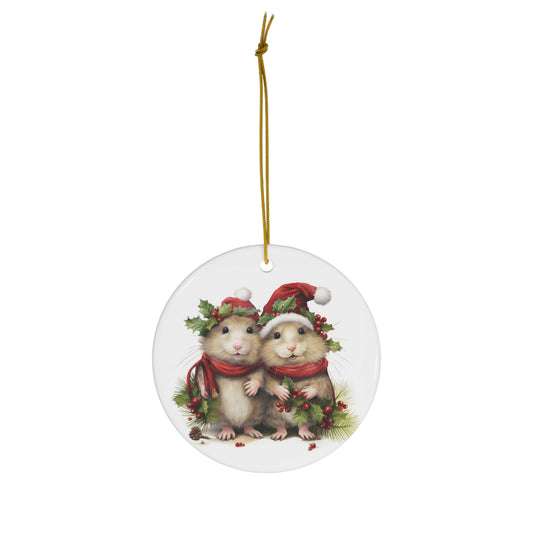 Two Mice in Santa Hats Christmas Ceramic Ornament