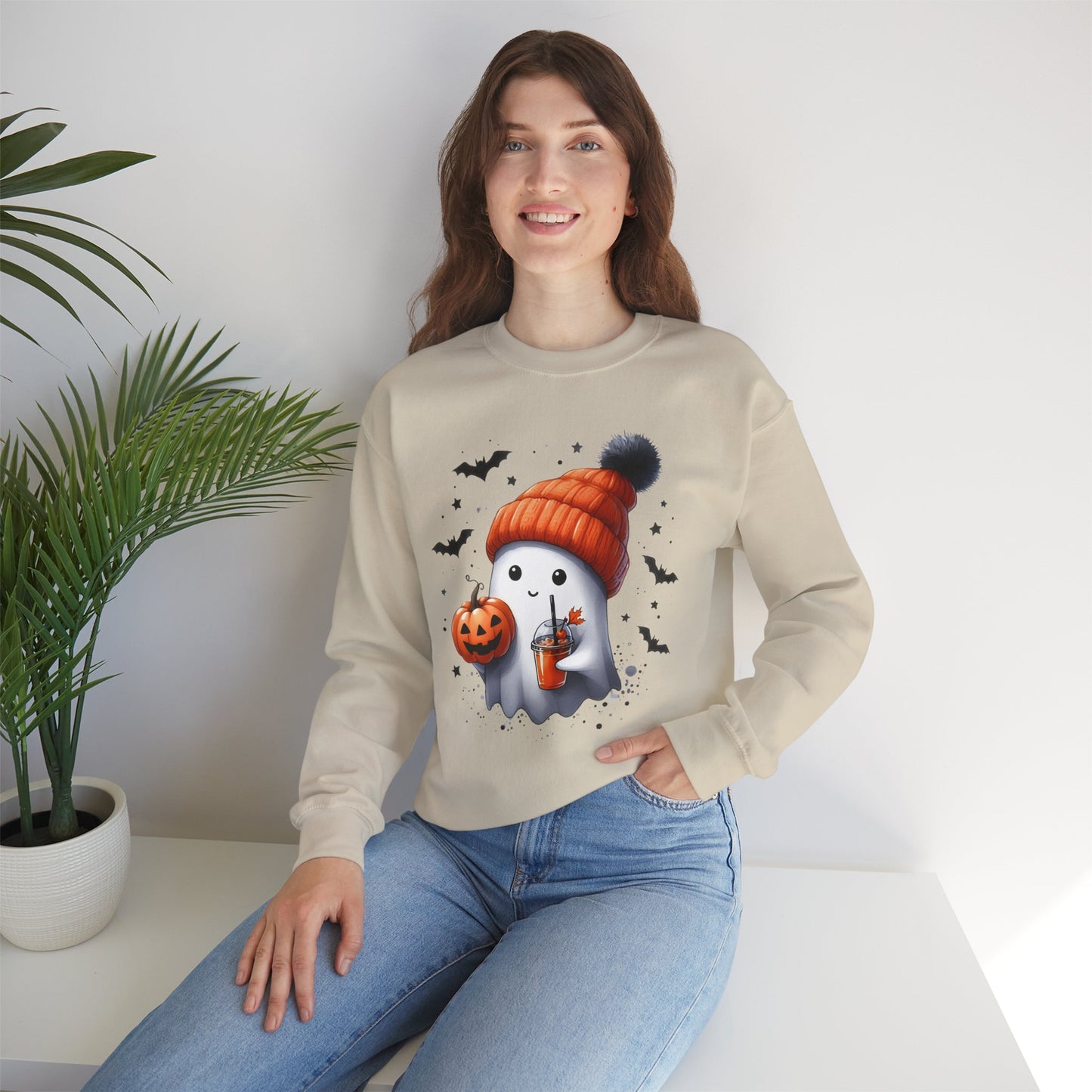 Cute Halloween Ghost With Hat Pumpkin Juice Sweatshirt