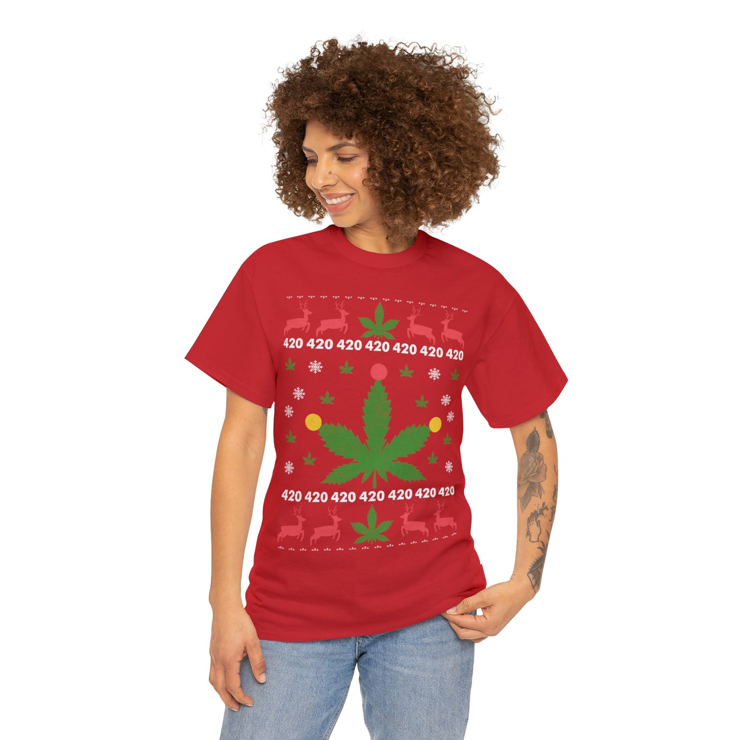 Cannabis Leaf with Lights Christmas Ugly Sweater Short Sleeve Tee