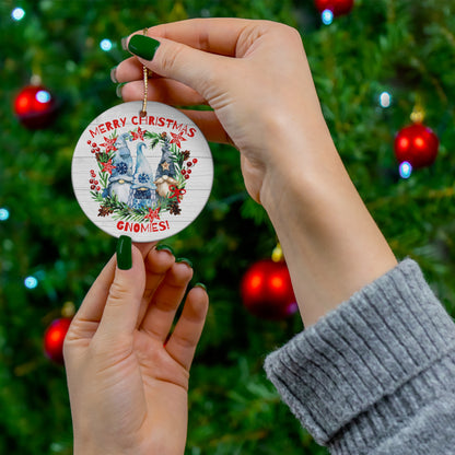 Merry Christmas Gnomies in Blue Christmas Ceramic Ornament