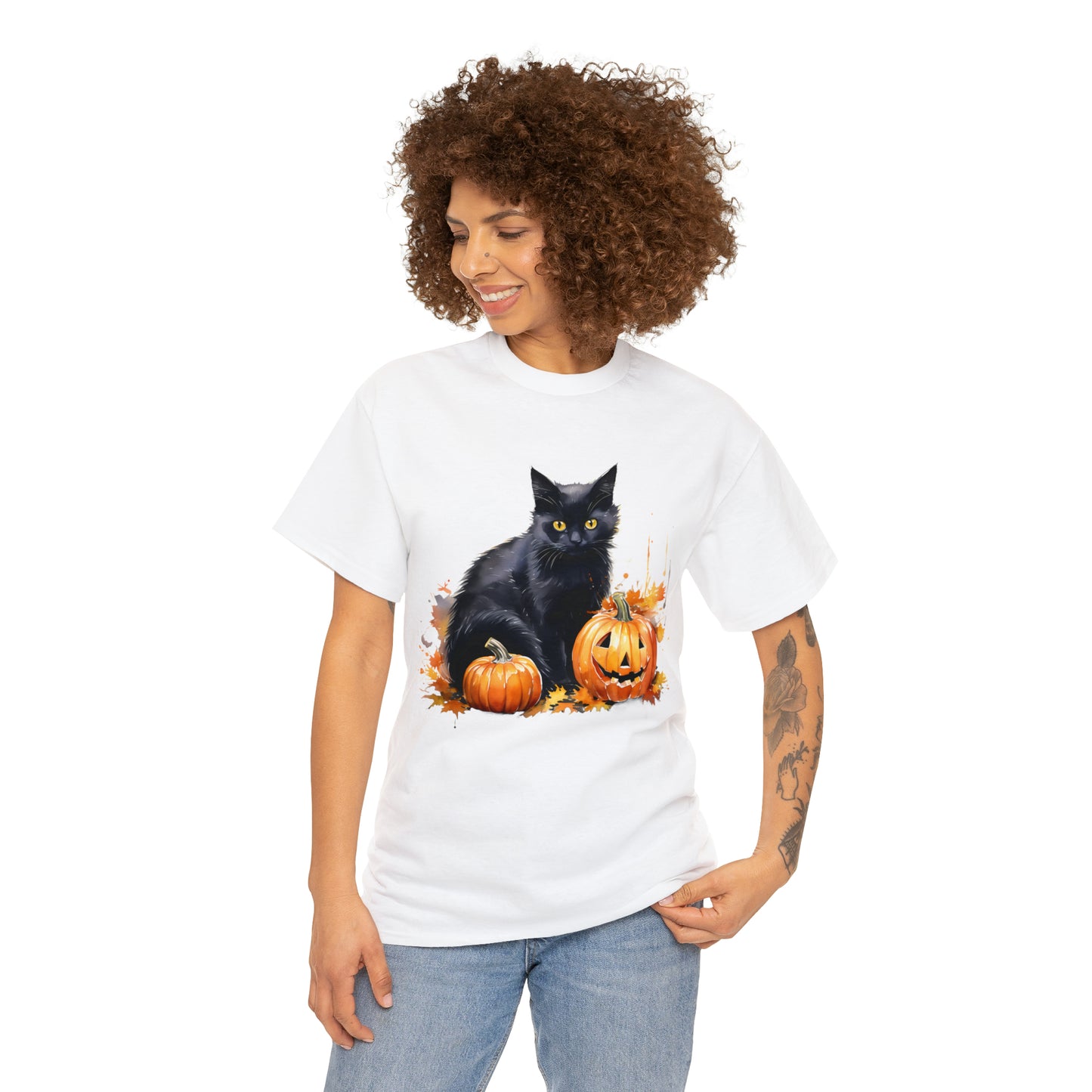 Black Cat with Pumpkin Halloween Short Sleeve Tee