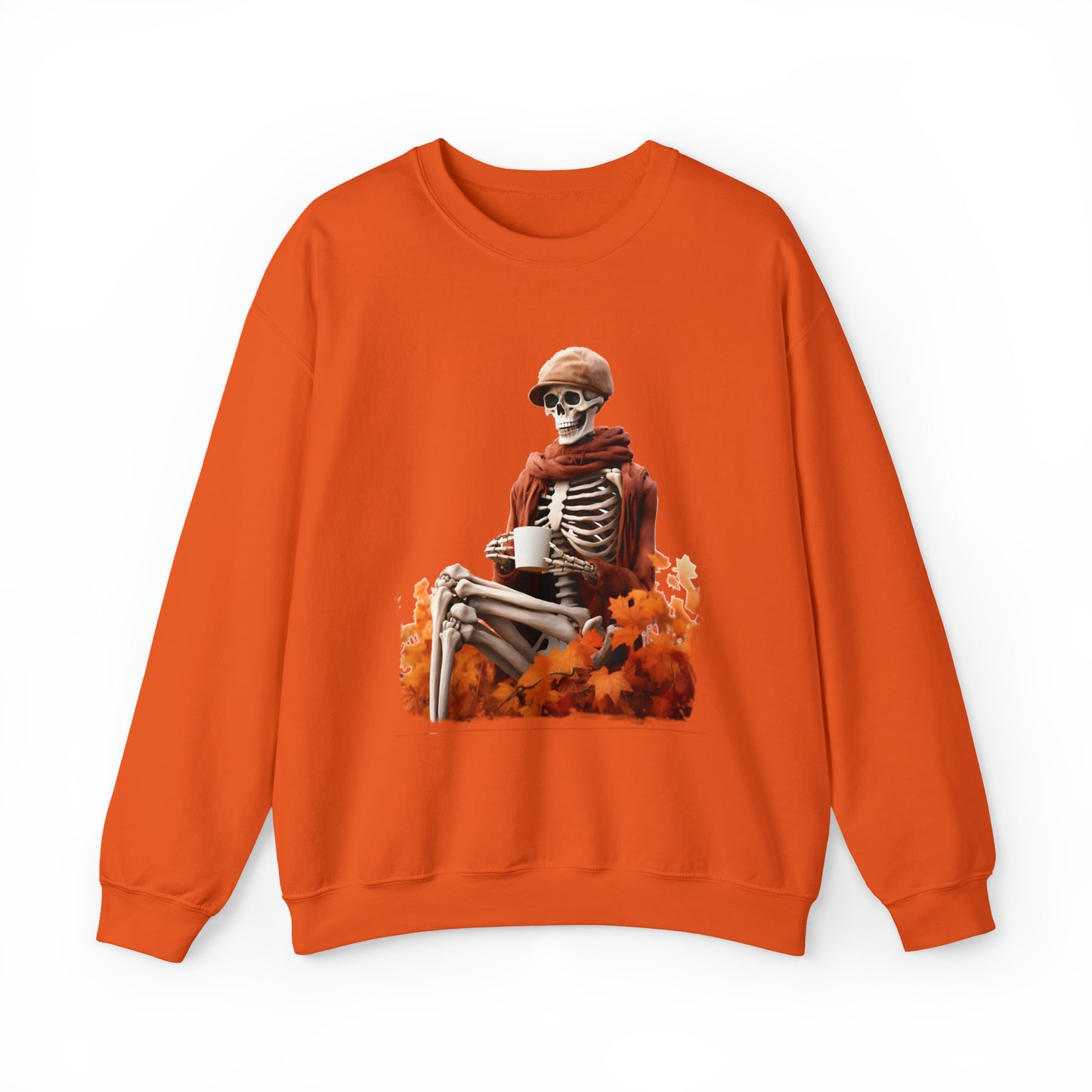 Skeleton in Fedora Sitting With Fall Leaves Halloween Sweatshirt