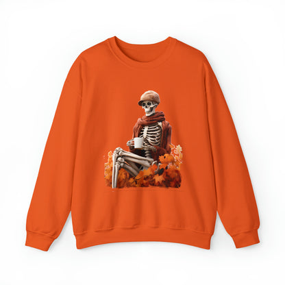 Skeleton in Fedora Sitting With Fall Leaves Halloween Sweatshirt