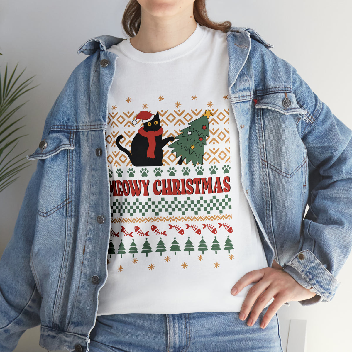 Meowy Christmas Cat Tipping Over Tree Ugly Sweater Short Sleeve Tee