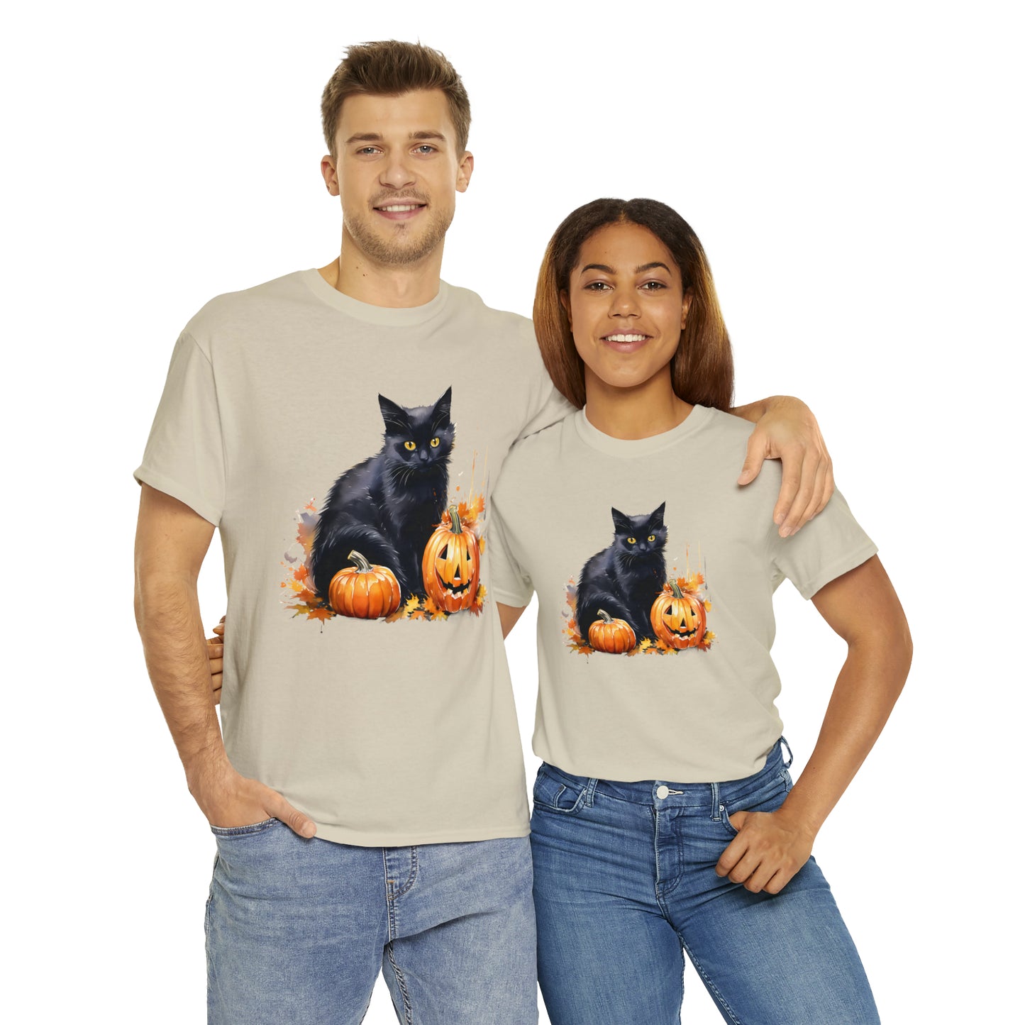 Black Cat with Pumpkin Halloween Short Sleeve Tee