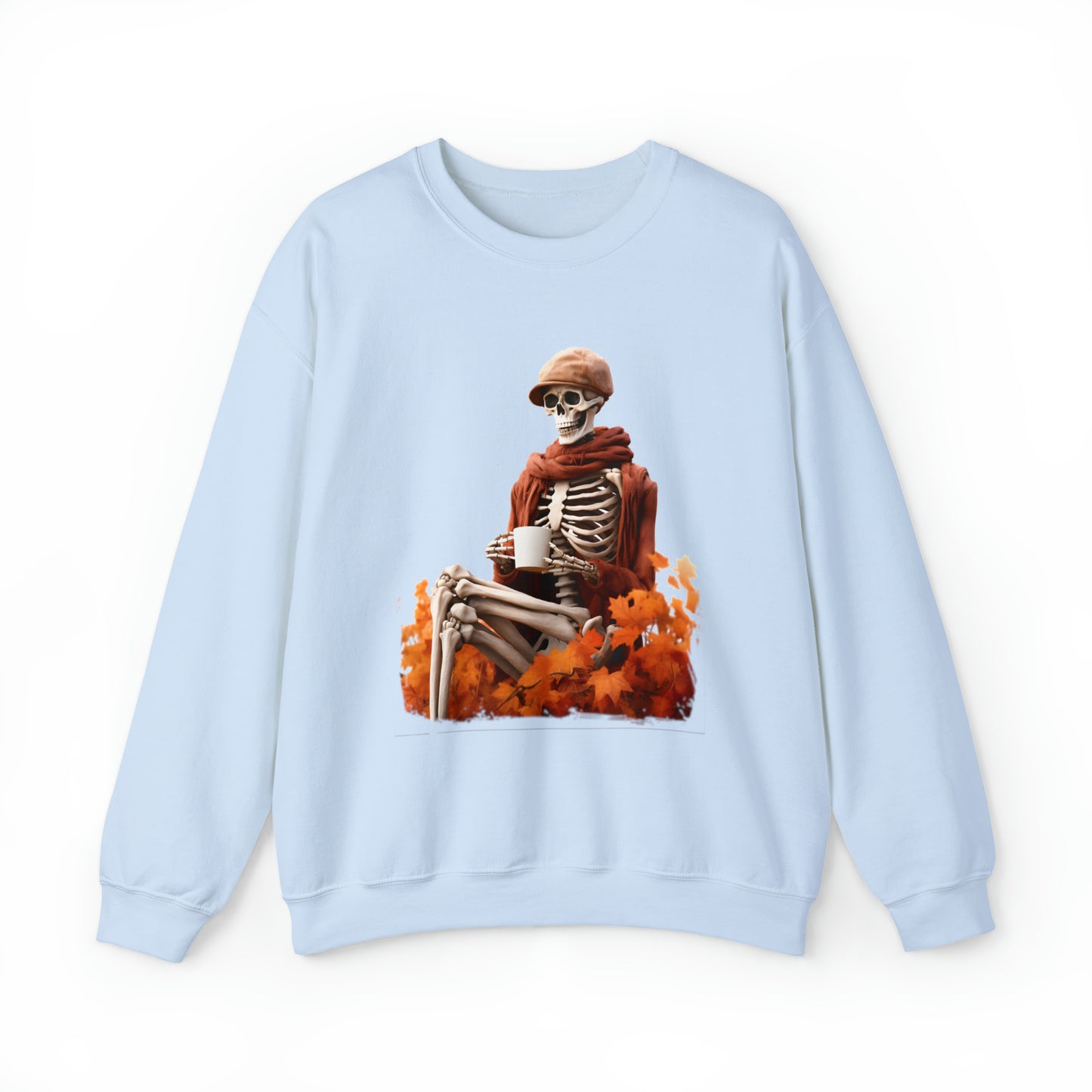 Skeleton in Fedora Sitting With Fall Leaves Halloween Sweatshirt