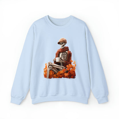 Skeleton in Fedora Sitting With Fall Leaves Halloween Sweatshirt