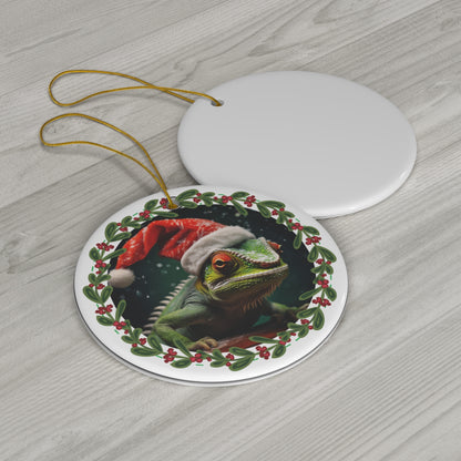 Chameleon in Santa Hat Christmas Ceramic Ornament