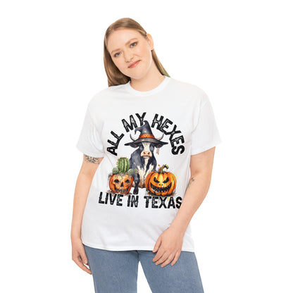 All My Hexes Live In Texas Cow With Pumpkins Halloween Short Sleeve Tee