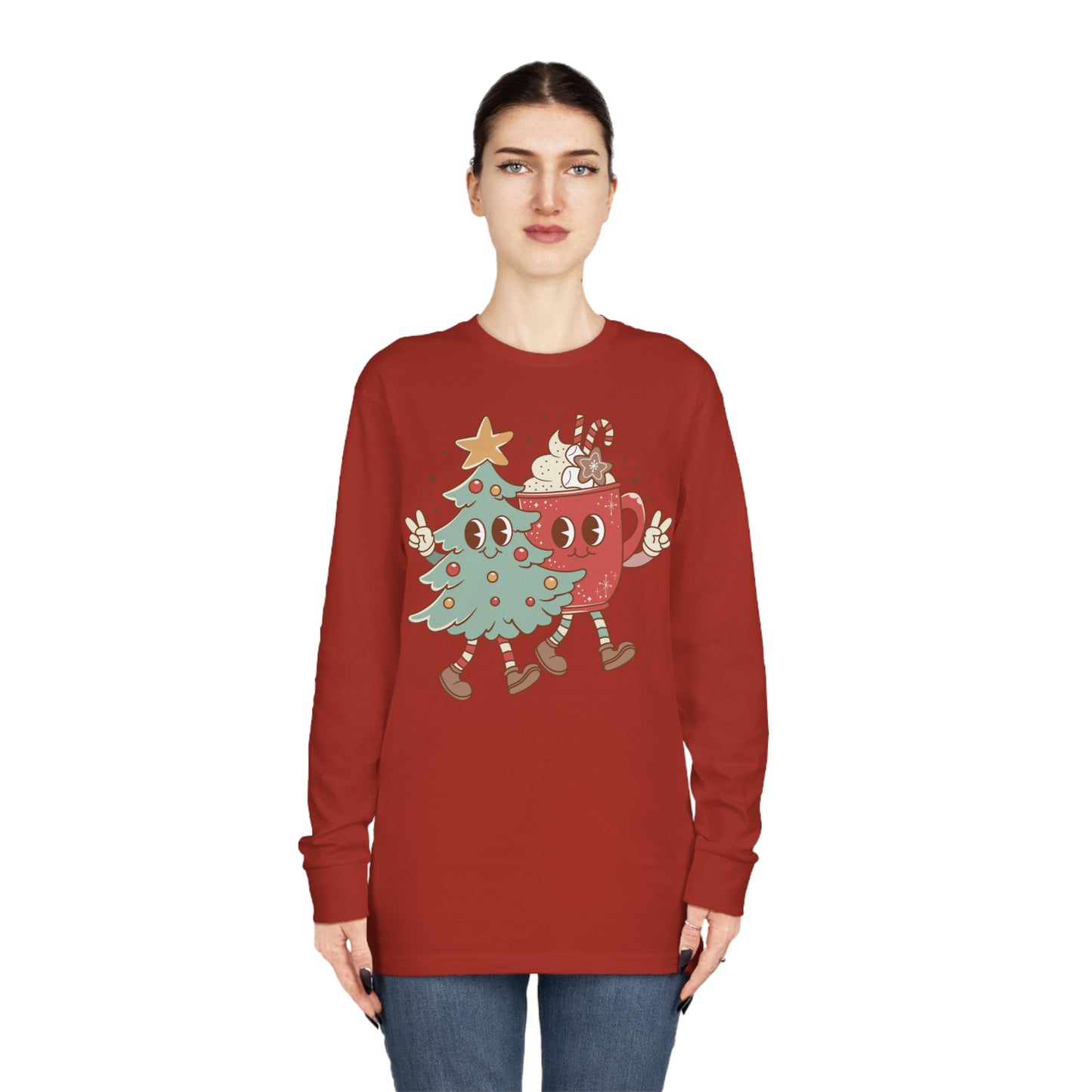 Retro Christmas Tree and Hot Cocoa Christmas Long Sleeve Tee