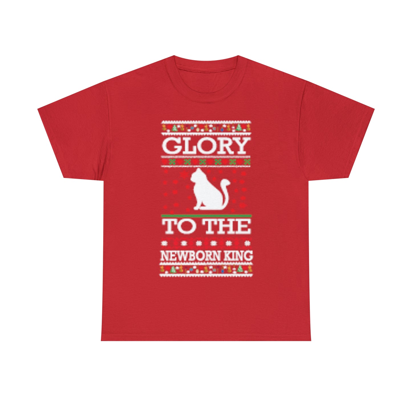 Glory to the Newborn King Cat Christmas Ugly Sweater Short Sleeve Tee